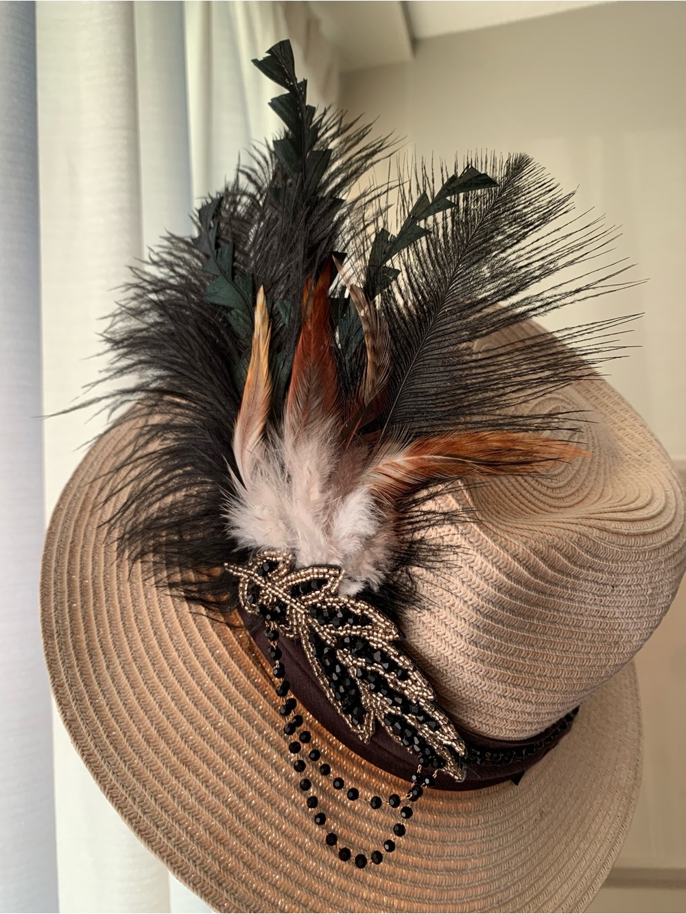 Fascinator with Feathers and Beaded Leaf